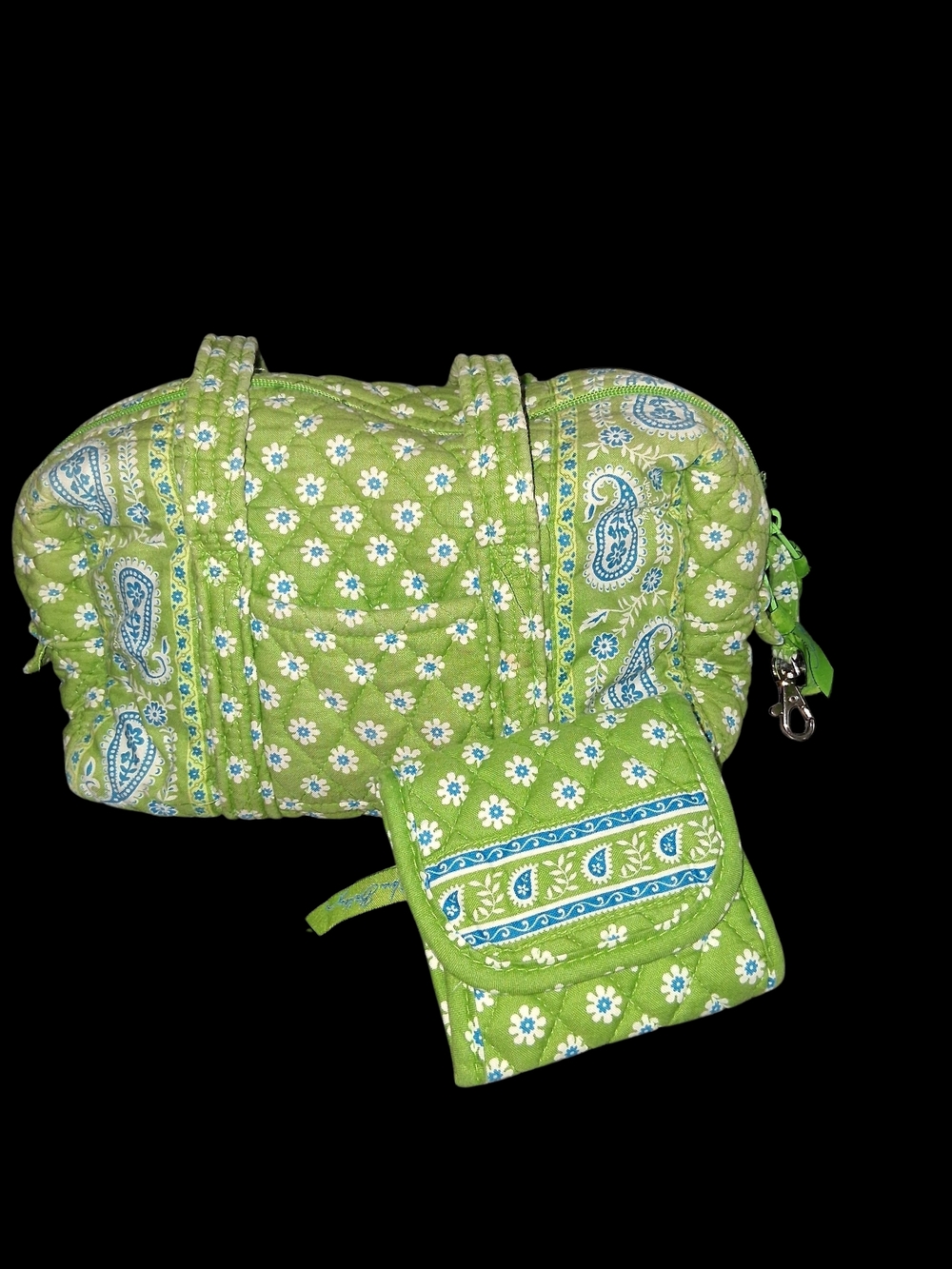 Green Quilted Floral Cosmetic Bag with Matching Pouch